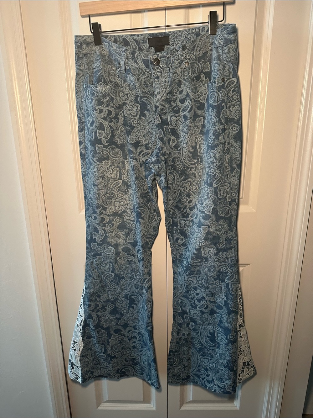 Light Blue Paisley Denim Jeans with lace flare leg cottage core